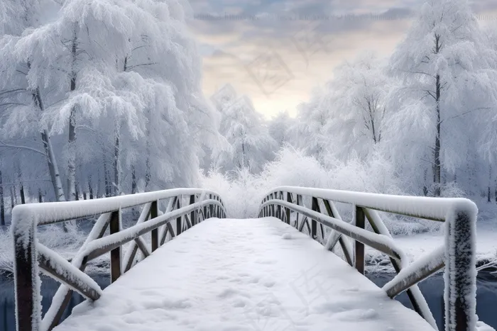冬季雪景木桥雾凇摄影图(4032x2688)