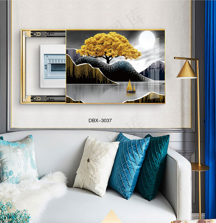 大气时尚家居室内装饰场景客厅沙发卧室床铺电表箱壁画画山水发财树月夜