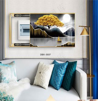 大气时尚家居室内装饰场景客厅沙发卧室床铺电表箱壁画画山水发财树月夜