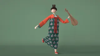 个性卡通中式古典仕女演奏乐器C4D元素