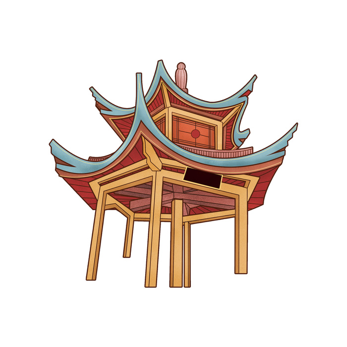 复古中国风国潮古建筑插画手绘高楼古塔PSD素材亭子png免抠图