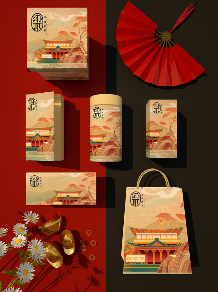 高端文创样机素材产品中国风国潮logo礼盒包装VI智能贴图PSD模板psd模版下载