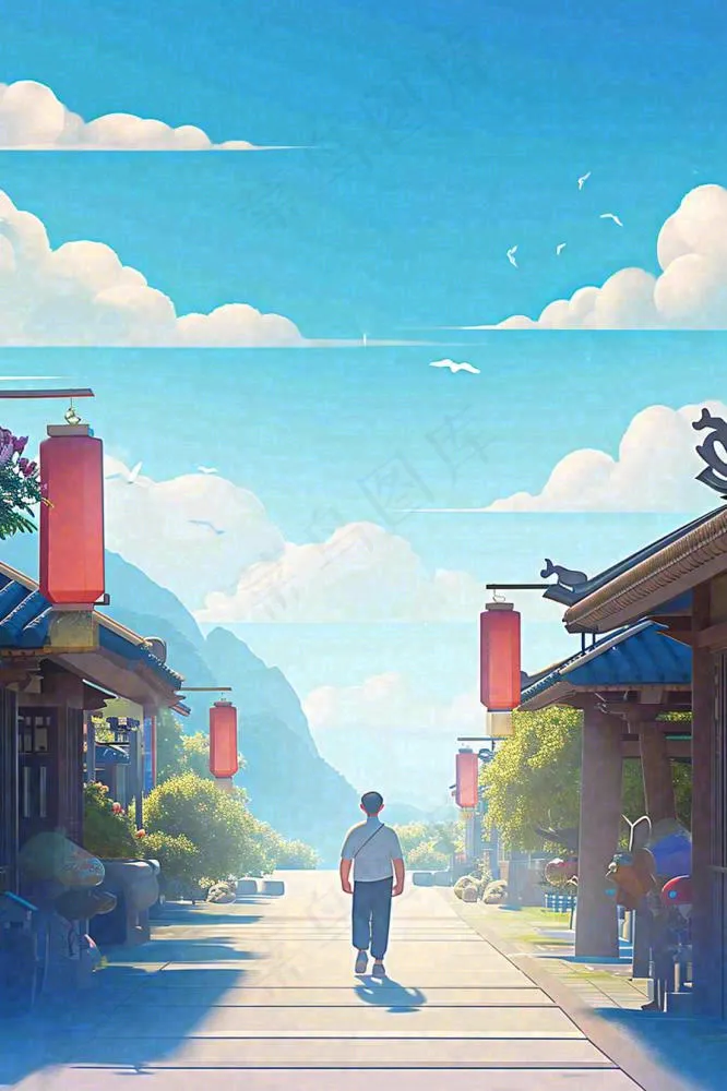 蓝天白云下行走背影，父亲节父爱温馨(896x1344)
