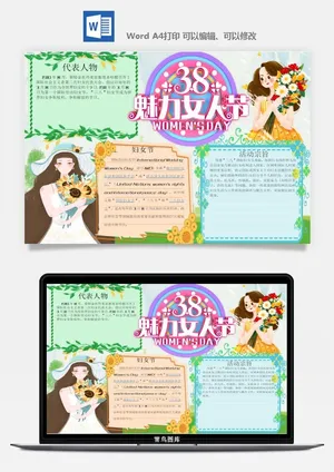 妇女节女神节手抄报电子小报黑板报展板报海报设计word模板素材预览图