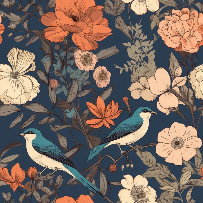 花鸟图，插画风格，无缝贴图，素材