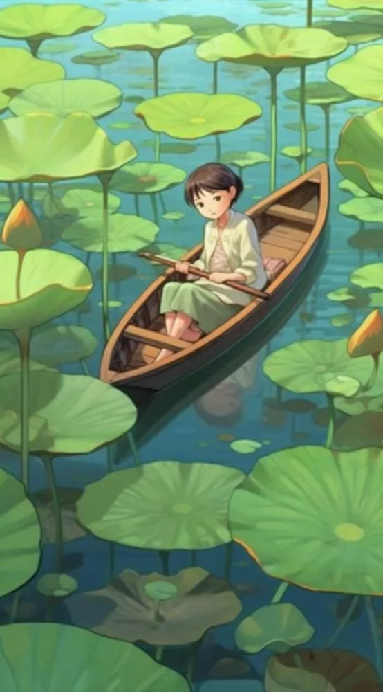 荷花荷叶池里划船的少年绿色插画背景(665x1200)