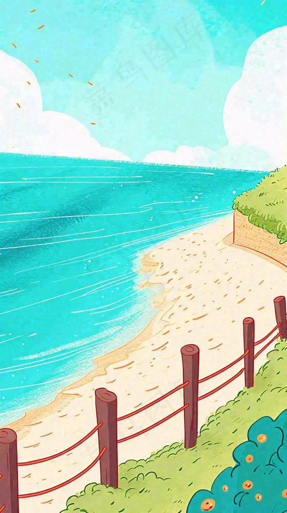 海边沙滩玩耍旅行夏日假期游玩手绘插画，可爱清新，夏至小暑大暑(816x1456)