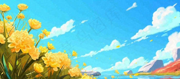 春日草地鲜花清新郊外草坪蓝天白云，春分(1632x720)