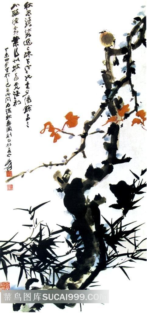 张大千中国画--红叶小鸟