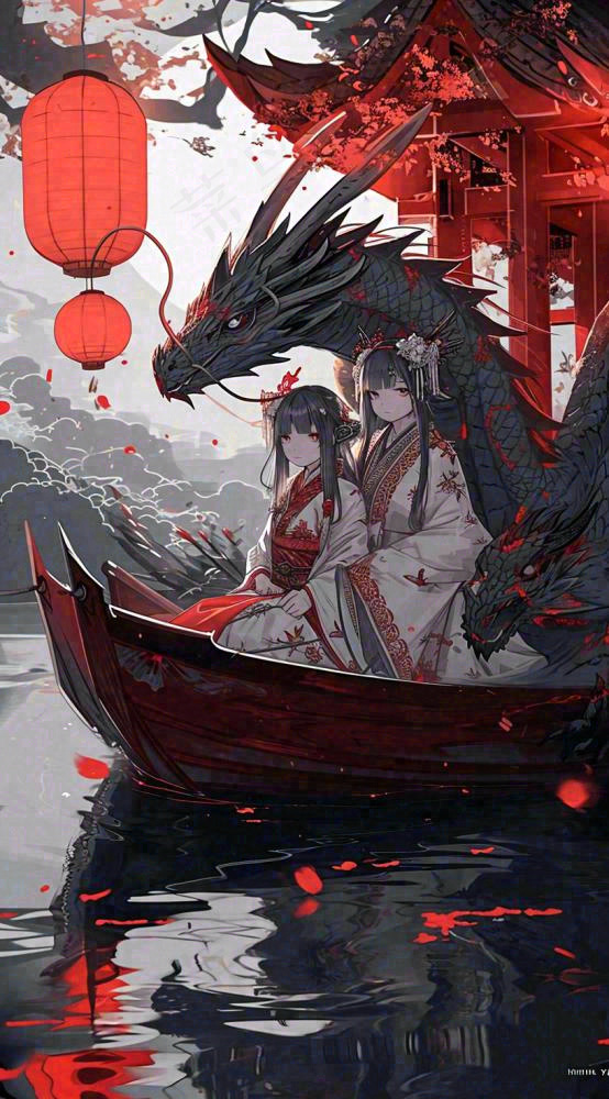 少女漫画古风灯笼夜晚夜景船只手绘插画