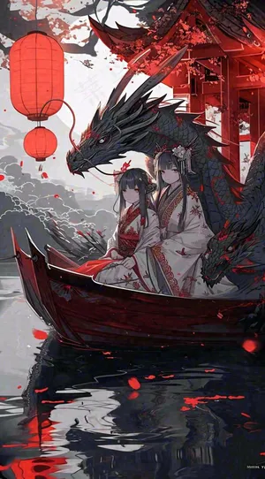 少女漫画古风灯笼夜晚夜景船只手绘插画