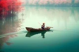 湖面划船人物碧绿背景