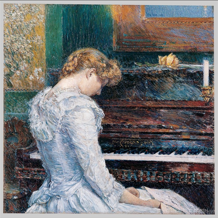 唯美钢琴女士油画装饰画