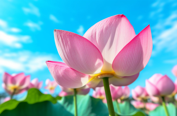 绿叶蓝天莲花，佳能 eos 5d mark iv 风格，超高清图像，蓝绿色和粉红色摄影图(5440x3584)