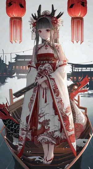 少女漫画古风灯笼夜晚夜景船只手绘插画