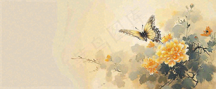 温馨纹理橙色花朵鲜花蝴蝶意境唯美，中国风(1712x704)