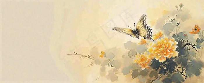 温馨纹理橙色花朵鲜花蝴蝶意境唯美，中国风(1712x704)