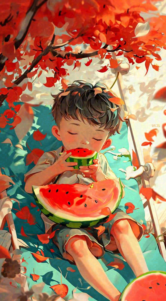 夏日清凉阳光男孩吃西瓜油画手绘插画，儿童节夏至大暑小暑(816x1472)