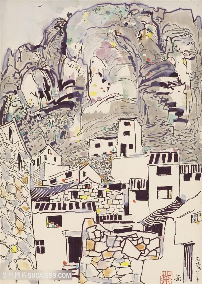 吴冠中手绘山脉建筑唯美装饰画