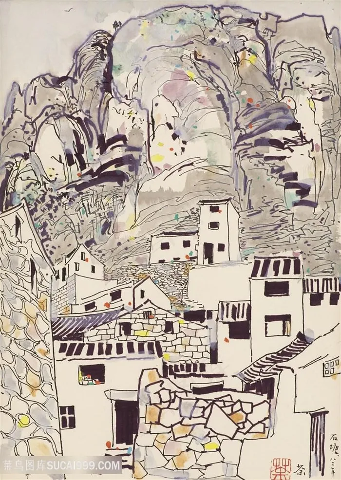 吴冠中手绘山脉建筑唯美装饰画 吴冠中手绘山脉建筑唯美装饰画