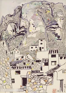 吴冠中手绘山脉建筑唯美装饰画 吴冠中手绘山脉建筑唯美装饰画