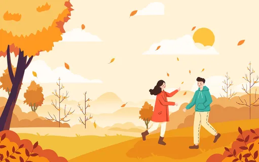 扁平秋天人物外出游玩插画手绘秋日风景背景