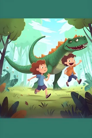 恐龙儿童大自然森林奔跑插画海报素材背景