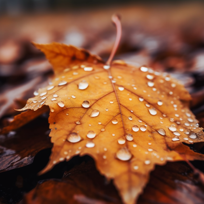 秋天掉落的树叶上的露珠摄影图