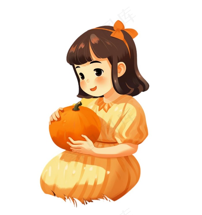 抱着南瓜的小女孩可爱卡通插画免抠(1024x1088)