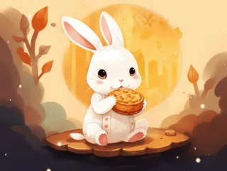 月饼小白兔玩耍插画水彩画背景