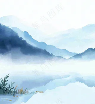 中国风意境湖面山脉云层山水画插画