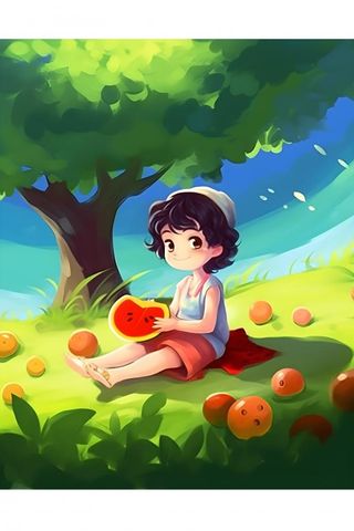 夏日人物水果树荫乘凉插画素材背景