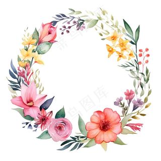 花环鲜花植物水彩插画免抠