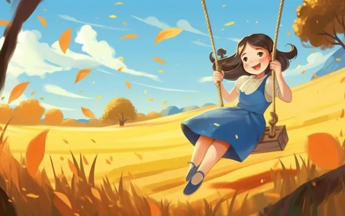 秋天女孩在树上荡秋千黄色落叶插画背景(1376x864)