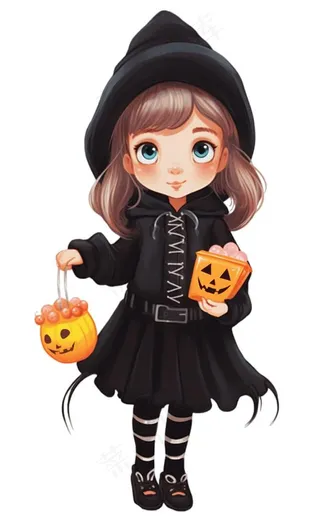 黑色女巫手拿南瓜灯万圣节卡通插画免抠
