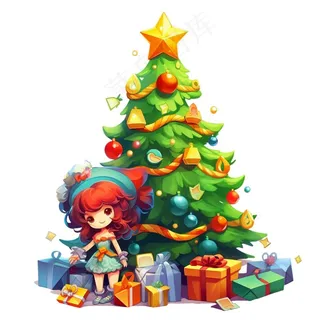 圣诞树装饰礼物小孩儿童节日卡通插画免抠