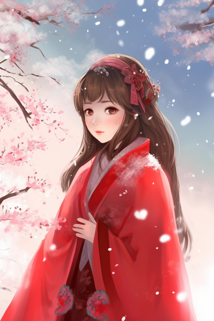 冬日古风穿红色披风的女孩赏雪景卡通插画背景