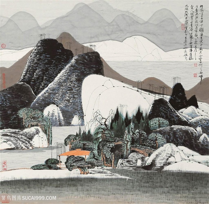 薛亮水墨风景画湖畔山脉水墨风景画