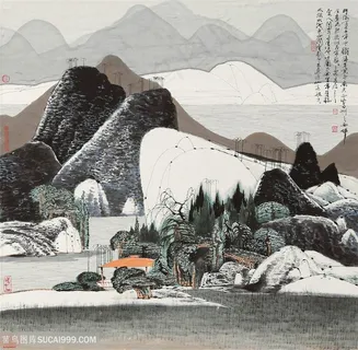 薛亮水墨风景画湖畔山脉水墨风景画