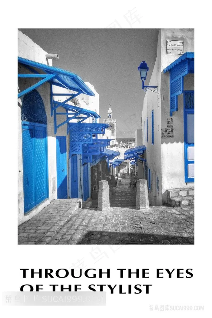 唯美蓝色建筑街道风景画