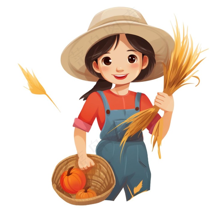 秋收女孩农忙工具南瓜麦子插画免抠