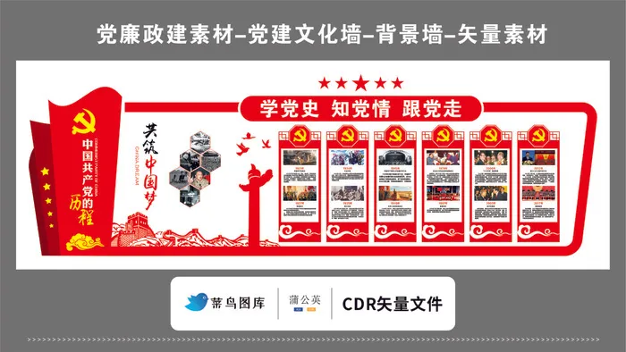 党建文化墙党建素材CDR预览图红色背景学党史知党情跟党走历程cdr矢量模版下载