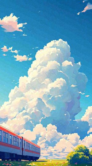 蓝天白云交通高铁铁路火车，草坪鲜花彩色插画