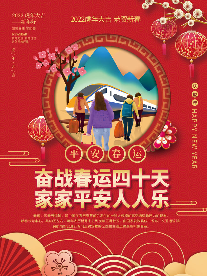 2022虎年春节春运奋战春运四十天户外宣传系列海报psd模版下载