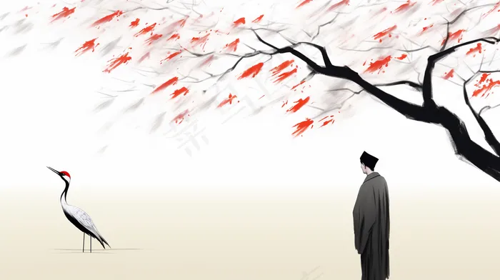 中国风僧人白鹤水墨画插画(4368x2448)