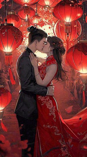 中国风情人节古风情侣拥抱亲吻爱情，七夕节