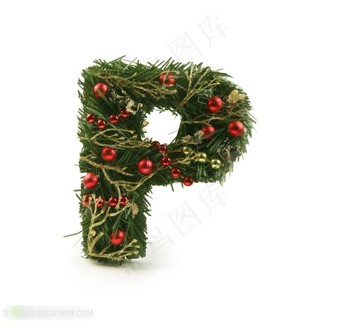 松枝与圣诞球组成的字母P