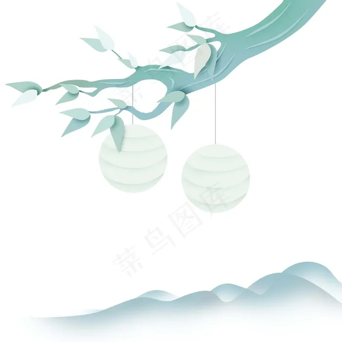 中国风 复古烟 青色 清新山水 剪纸元素 景色 PNG 免抠 素材(2048x2048)psd模版下载