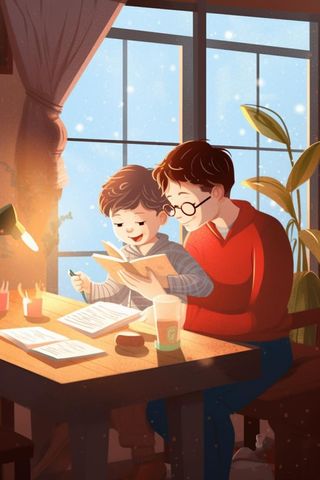 父子看书学习温馨插画背景