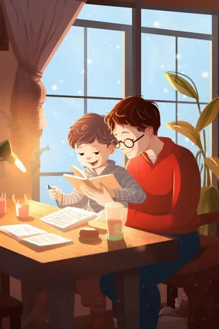 父子看书学习温馨插画背景